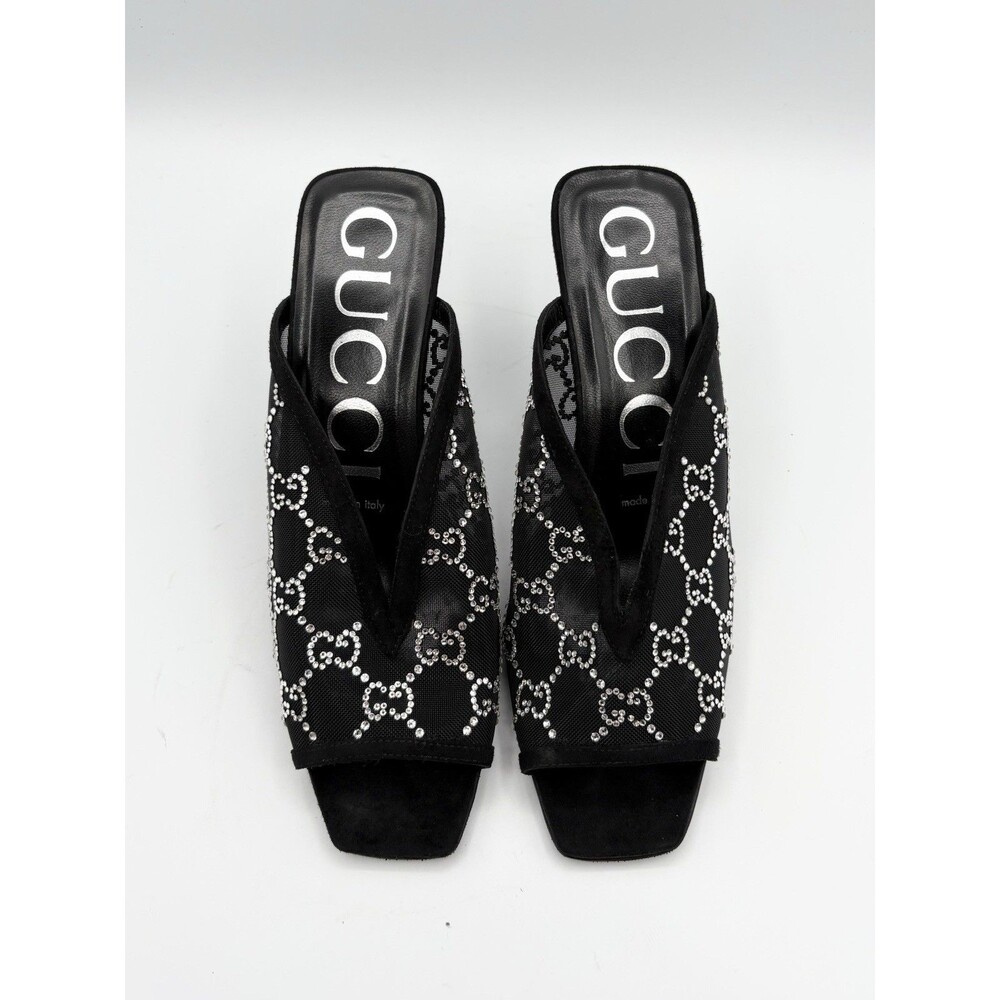 Gucci Black Mesh & Suede Crystal Rhinestone GG Slide Heels Mules Sz EU 38